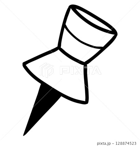Hand drawn outline pushpin. Simple black and white sketch of a thumbtack for school, office, notes or planner decoration. Minimal style stationery element isolated on white background. 128874523