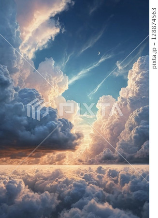 Above, vibrant clouds blend with soft hues as dawn breaks, casting a magical glow over the horizon. The tranquil atmosphere invites contemplation and wonder at nature's beauty Generative AI 128874563