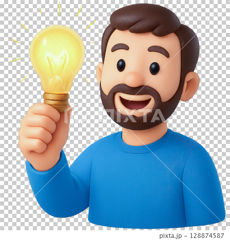 3D cartoon man with a beard, holding up a glowing lightbulb, representing a new idea or innovation 128874587