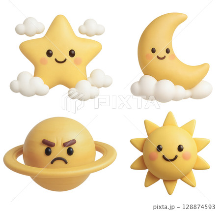 3D cartoon celestial objects, including a happy star and moon, an angry Saturn, and a smiling sun, 128874593