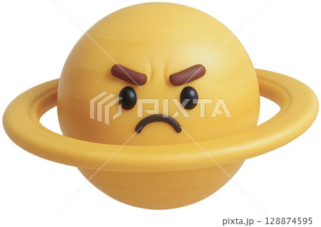 A 3D cartoon yellow planet with rings, featuring an angry and grumpy facial expression,  128874595