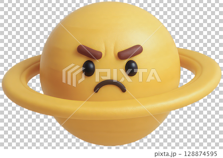 A 3D cartoon yellow planet with rings, featuring an angry and grumpy facial expression,  128874595