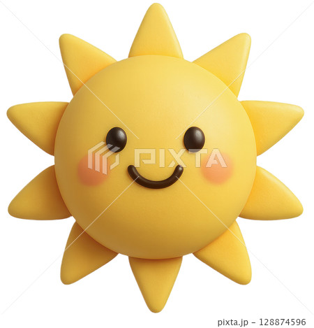 A cheerful and cute 3D cartoon sun with a wide smile and rosy cheeks, radiating happiness and warmth 128874596