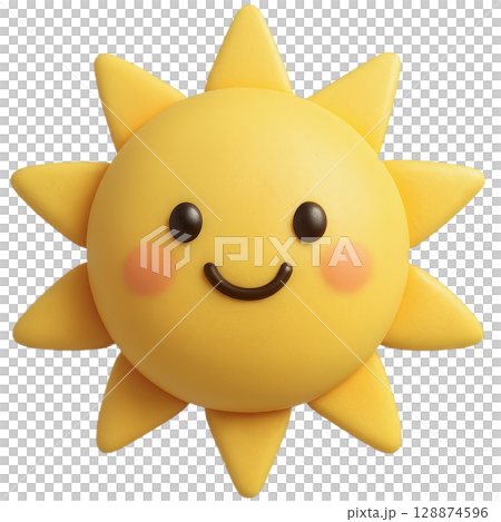 A cheerful and cute 3D cartoon sun with a wide smile and rosy cheeks, radiating happiness and warmth 128874596