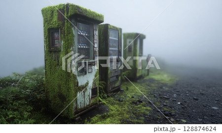 霧の中に建つ自販機 128874624