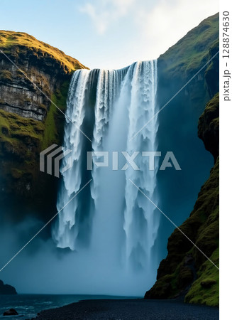 Glistening waters tumble dramatically over steep cliffs, surrounded by lush greenery, as golden sunlight filters through mist, creating a serene and captivating atmosphere Generative AI 128874630