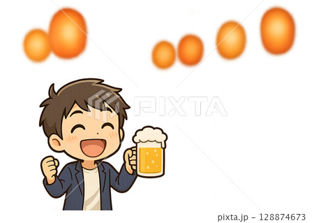 打ち上げで乾杯する大学生ミニキャラ（仲間と喜ぶ表情・透過PNG） 128874673