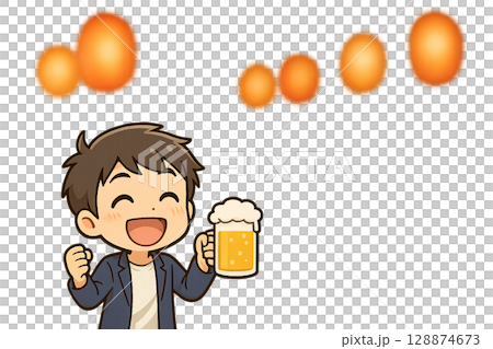 打ち上げで乾杯する大学生ミニキャラ（仲間と喜ぶ表情・透過PNG） 128874673