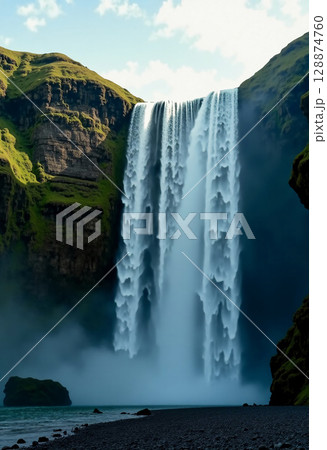 A breathtaking waterfall tumbles dramatically from towering cliffs, creating a misty spray that dances in the sunlight. Lush greenery frames this natural wonder, inviting tranquility Generative AI 128874760