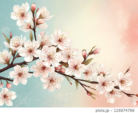 A beautiful branch of cherry blossoms flourishes, adorned with soft pink and white petals. The gentle hues of the background create a serene atmosphere of springtime renewal Generative AI 128874766