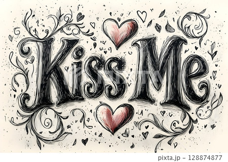Intricate hand-drawn Kiss Me illustration in black and red with ornamental flourishes and hearts. Perfect for romantic designs, greeting cards, and artistic projects. Intricate hand-drawn Kiss Me illustration in black and red with ornamental flourishes and hearts. Perfect for romantic designs, greeting cards, and artistic projects. 128874877
