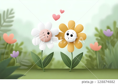 Adorable cartoon flowers with expressive faces stand in a lush, whimsical garden setting, conveying a sense of playful interaction and happiness with floating hearts above them. 128874882