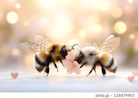 This charming illustration features two fuzzy bees facing each other with a delicate pink flower between them, surrounded by soft light and heart accents, depicting love and nature harmony. 128874903