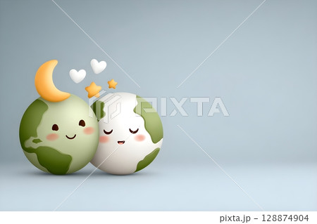 Cute illustration of two smiling Earths with hearts, stars, and a crescent moon above them on a soft blue background. Represents love, harmony, and environmental friendliness in a playful style. 128874904
