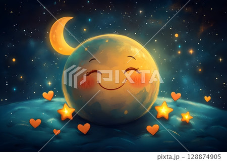 Whimsical illustration of a smiling planet surrounded by glowing stars and hearts in a nighttime sky, illuminated by a crescent moon, embodying peace, joy, and celestial harmony. 128874905