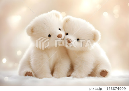 Adorable image of two fluffy white bear cubs cuddling on a soft snowy surface, with a warm and dreamy bokeh background, illustrating tenderness and innocence. 128874909