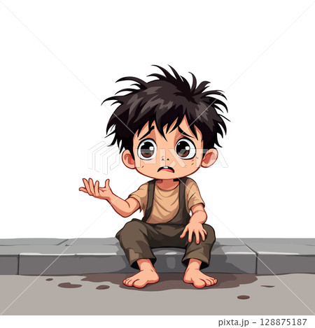 Vsai poor barefoot child begging sitting on sidewalk, grunge background 128875187
