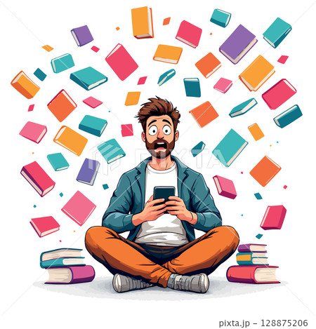 Vsai amazed student holding smartphone surrounded by flying books, information overload concept Vsai amazed student holding smartphone surrounded by flying books, information overload concept 128875206