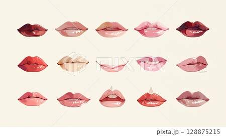 ピンク色の口紅を縁取りに置いた白とピンクの背景の白バック ピンク色の口紅を縁取りに置いた白とピンクの背景の白バック 128875215