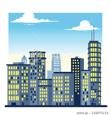 Vsai modern metropolis shining under a cloudy blue sky, skyscrapers and city buildings forming an urban landscape Vsai modern metropolis shining under a cloudy blue sky, skyscrapers and city buildings forming an urban landscape 128875218