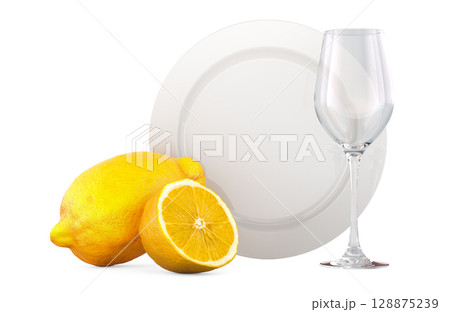 Plate and wine glass with lemons. 3D rendering Plate and wine glass with lemons. 3D rendering 128875239