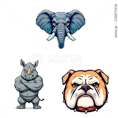 Vsai strong bulldog, rhino and elephant mascot showing power Vsai strong bulldog, rhino and elephant mascot showing power 128875416
