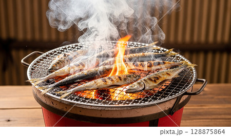 焼き魚　七輪 128875864