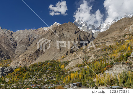 The landscape of Hunza Valley In Autumn Season, with mountain range in the background,Hunza, Pakistan. 128875882