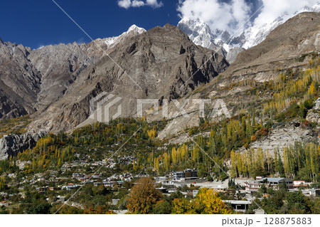 The landscape of Hunza Valley In Autumn Season, with mountain range in the background,Hunza, Pakistan. 128875883