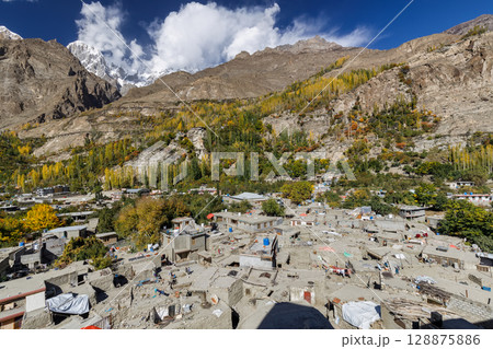 The landscape of Hunza Valley In Autumn Season, with mountain range in the background,Hunza, Pakistan. 128875886