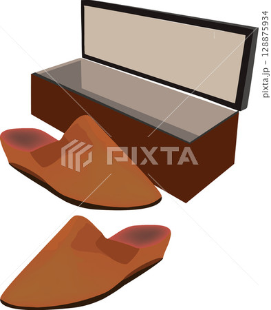 Comfortable suede slippers emerging from open shoebox, ready to wear 128875934