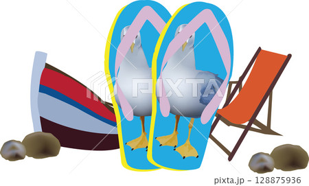 Seagulls standing on flip flops with boat and deckchair on beach 128875936