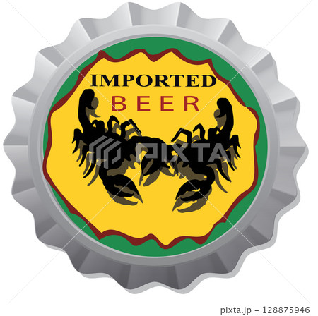 Imported beer crown cap showing two scorpions facing each other 128875946
