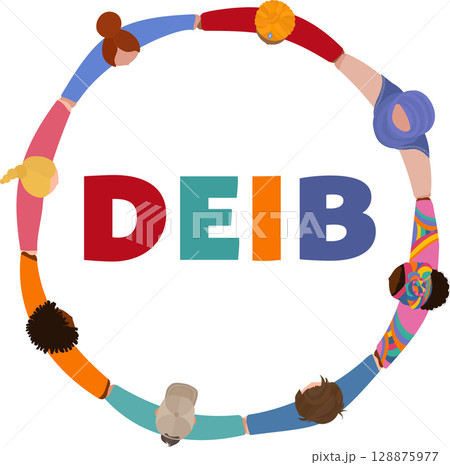 Diverse people forming a unity circle from above symbolizing DEIB values and inclusion 128875977