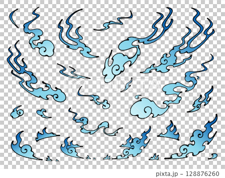 Japanese style flame effect illustration material set_hand-drawn style 128876260