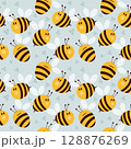 Cute seamless bee pattern with cartoon style on a pastel blue background. Perfect for kids, baby products, and textiles 128876269