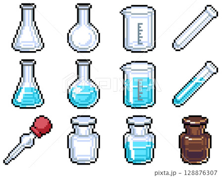 理科実験器具のドット絵ピクトグラム素材 Vol.1（フラスコ・ビーカー等12点） 128876307
