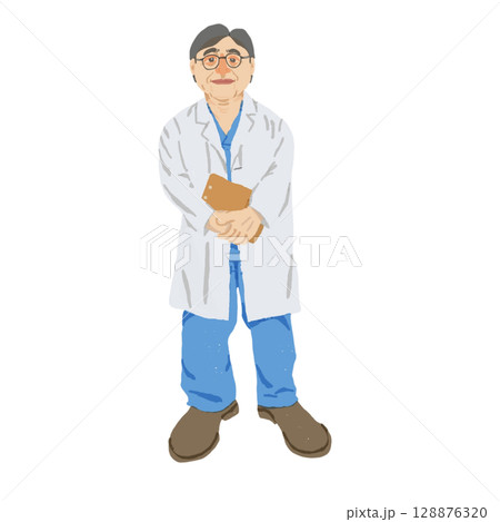 30代男性医師イラスト｜白衣・青スクラブ・ファイル持ち（透過PNG）Male Doctor in 3 128876320