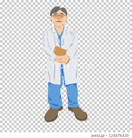 30代男性医師イラスト｜白衣・青スクラブ・ファイル持ち（透過PNG）Male Doctor in 3 128876320