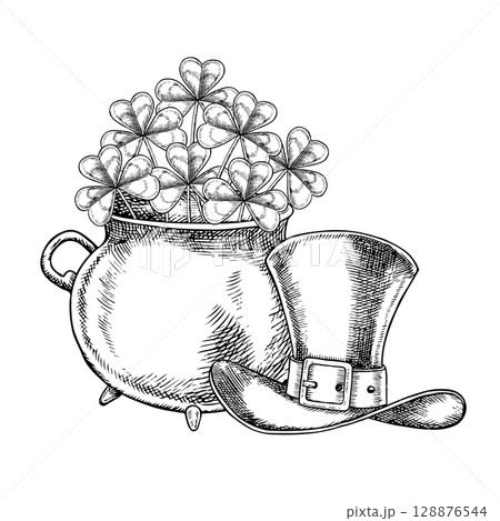 Cast-iron pot with a shamrock and a leprechaun hat for St. Patrick s Day. Vector, black-and-white graphic illustration. For greeting cards, banners and flyers, packaging, invitations, holiday decor. 128876544