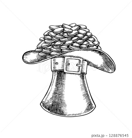 A leprechaun s cylinder full of coins. Vector, black and white graphic illustration. Conceptual design for St. Patrick s Day. For greeting cards, banner and flyer, packaging, invitation, festive decor A leprechaun s cylinder full of coins. Vector, black and white graphic illustration. Conceptual design for St. Patrick s Day. For greeting cards, banner and flyer, packaging, invitation, festive decor 128876545