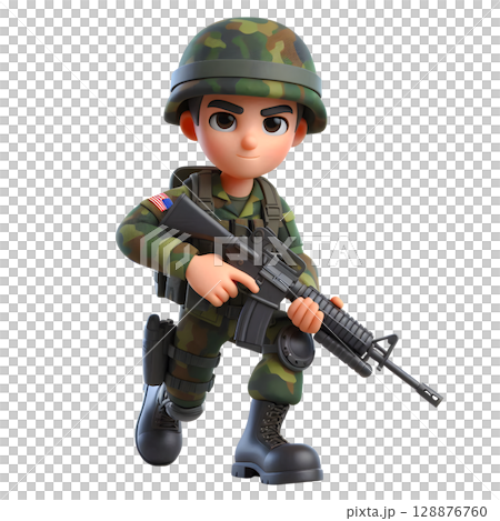 3D Cartoon Soldier in Military Uniform with Rifle 3D Cartoon Soldier in Military Uniform with Rifle 128876760