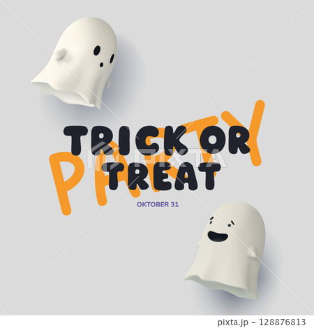 Trick or Treat Halloween poster with 3D ghosts and fun bold letters. Playful composition on light background. Great for party invitations, kids event, decorations, or seasonal promo. Vector Trick or Treat Halloween poster with 3D ghosts and fun bold letters. Playful composition on light background. Great for party invitations, kids event, decorations, or seasonal promo. Vector 128876813