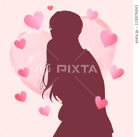 ハグをする男女　シルエット　ハートいっぱい 128876841