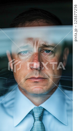 A man with a serious expression stares directly at the camera, framed by a blurred glass surface. He wears a light blue shirt and a patterned tie, with deep-set blue eyes. 128877256