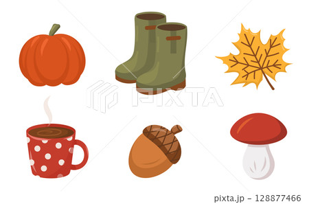 Autumn illustration with pumpkin, hot drink in cup, rubber boots, acorn, mushroom and autumn leaves. Cartoon vector illustration 128877466