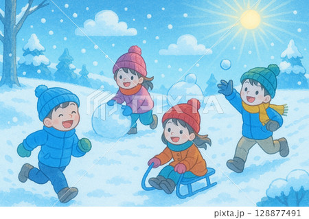 雪遊びをする子供達 雪遊びをする子供達 128877491