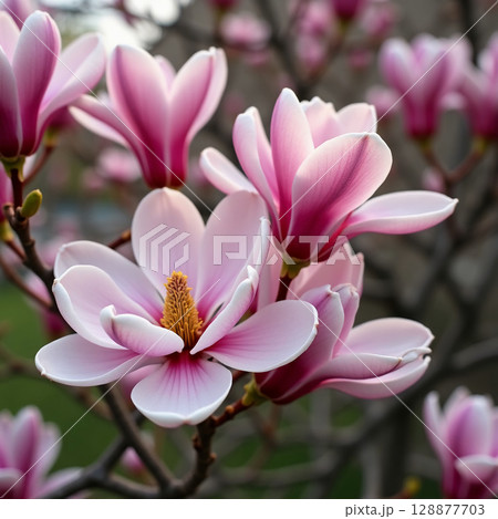 Magnolia flowers in full bloom showcase stunning pink and white petals against a backdrop of lush greenery. Springtime's beauty is captured in this tranquil garden setting Generative AI 128877703