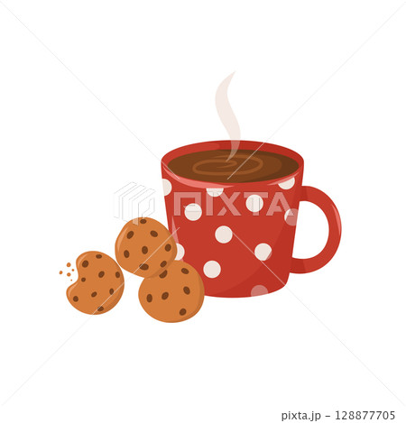 Сup of hot tea, red polka dot coffee with cookies. Round cookies with chocolate chips. Cookie crumbs 128877705