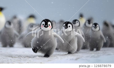 Cute penguin chicks waddle across snow in Antarctica during winter, displaying playful behavior amongst a colony 128878079